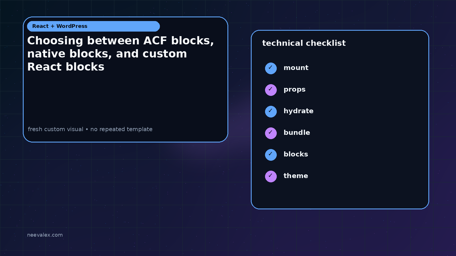 Visual example for Choosing between ACF blocks, native blocks, and custom React blocks