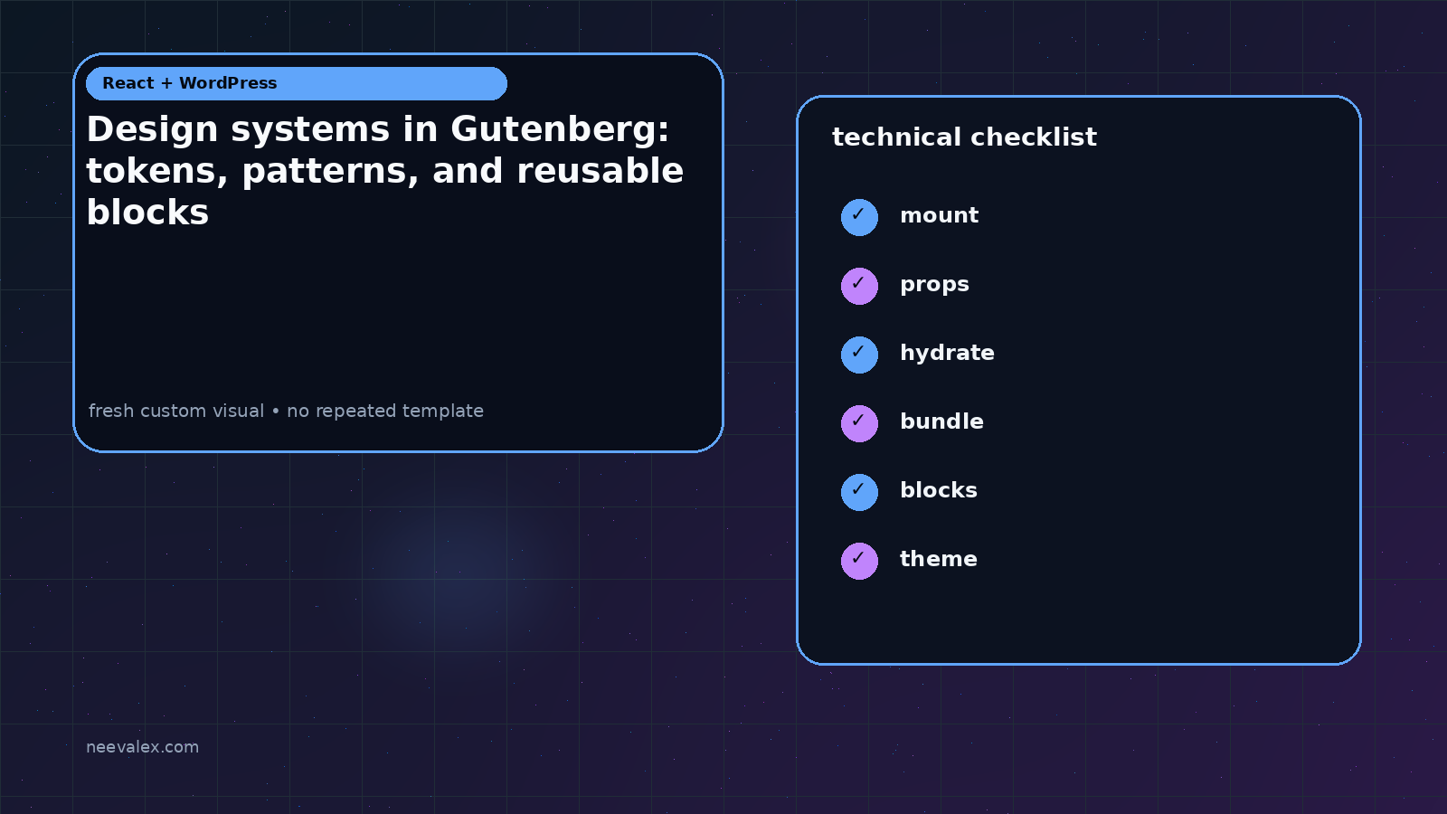 Visual example for Design systems in Gutenberg: tokens, patterns, and reusable blocks
