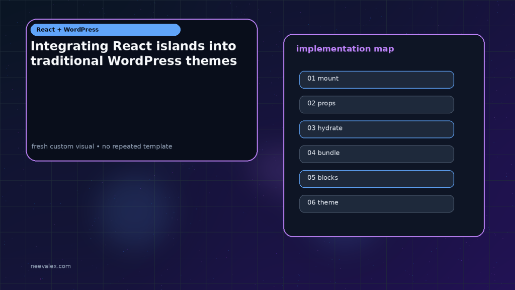 Unique non-repeating editorial visual for Integrating React islands into traditional WordPress themes — image 1