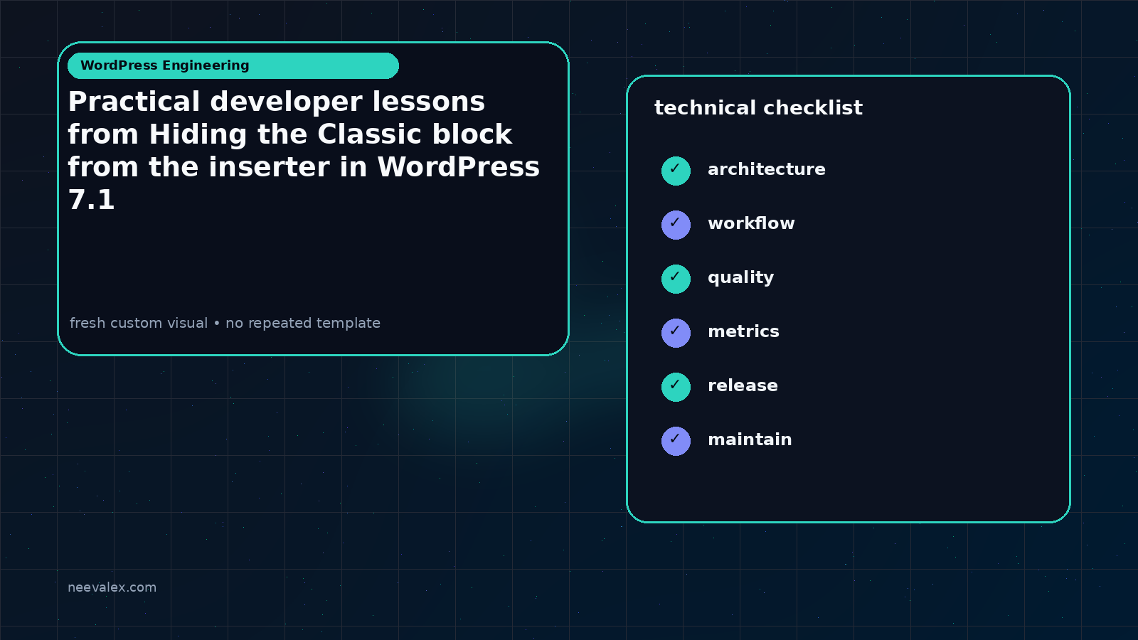 Visual example for Practical developer lessons from Hiding the Classic block from the inserter in WordPress 7.1