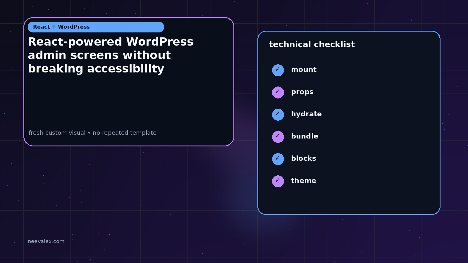 Workflow illustration for React-powered WordPress admin screens without breaking accessibility