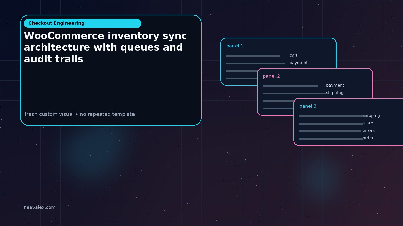 Visual example for WooCommerce inventory sync architecture with queues and audit trails