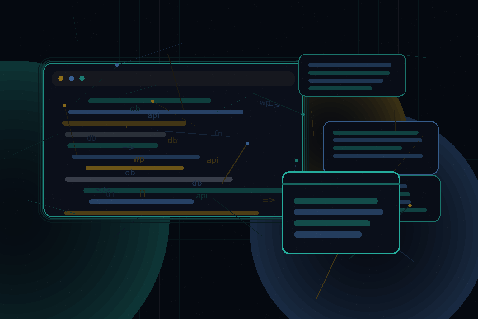 Technical editorial illustration for Modern WordPress theme development in 2026: tooling, WP Rig, and best practices