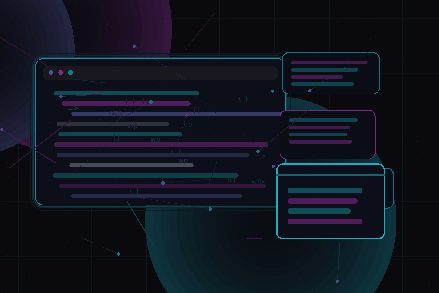 Technical editorial illustration for Modern WordPress theme development in 2026: tooling, WP Rig, and best practices