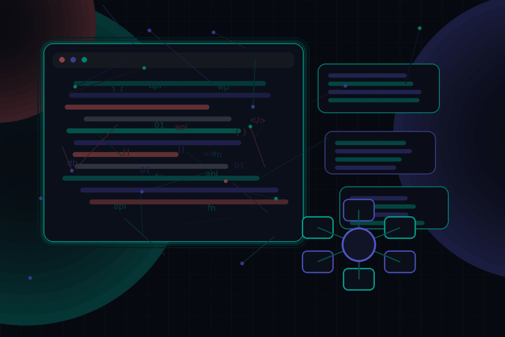 Dark technical editorial illustration for WordPress optimisation
