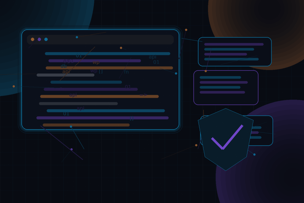 Dark technical editorial illustration for WordPress Security Hardening for Custom Themes and Plugins