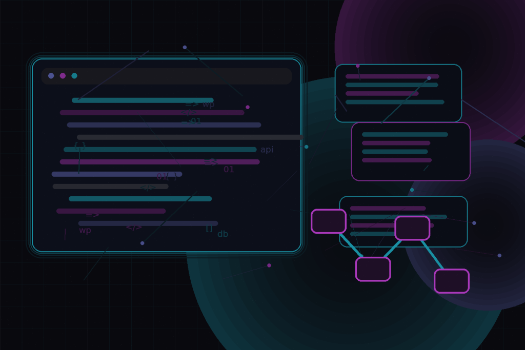 Dark technical editorial illustration for CI/CD for WordPress projects with GitHub Actions or GitLab Pipelines