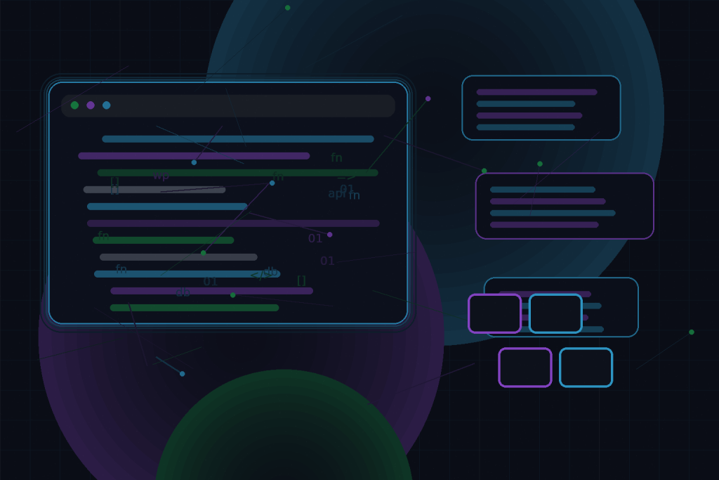 Dark technical editorial illustration for Docker-based local development workflow for WordPress developers