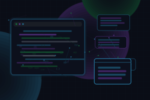 Dark technical editorial illustration for Using Gutenberg blocks to create readable long-form portfolio articles