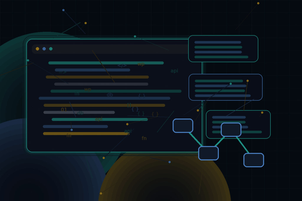 Dark technical editorial illustration for CI/CD for WordPress projects with GitHub Actions or GitLab Pipelines
