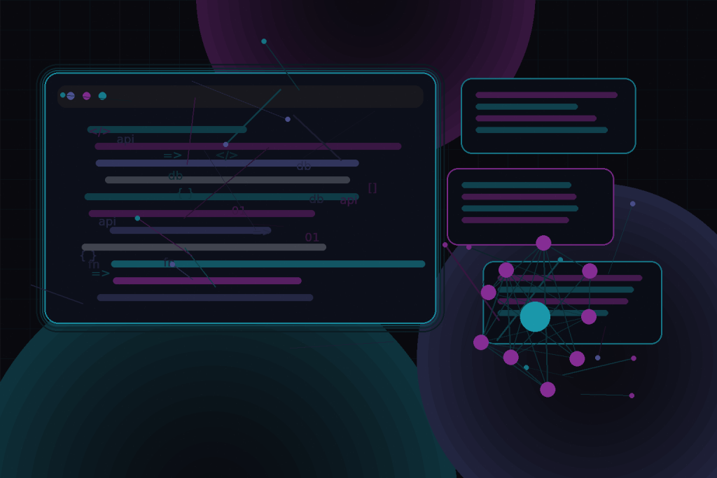 Dark technical editorial illustration for Building chatbots and AI assistants for business websites