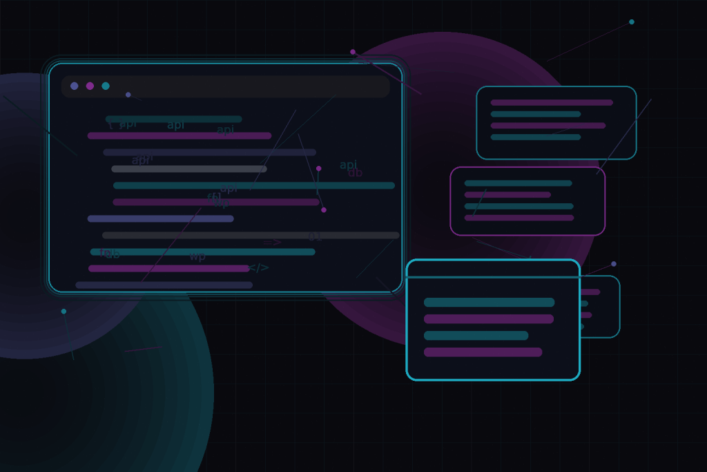 Dark technical editorial illustration for Headless WordPress with React and Next.js for high-performance portfolio websites