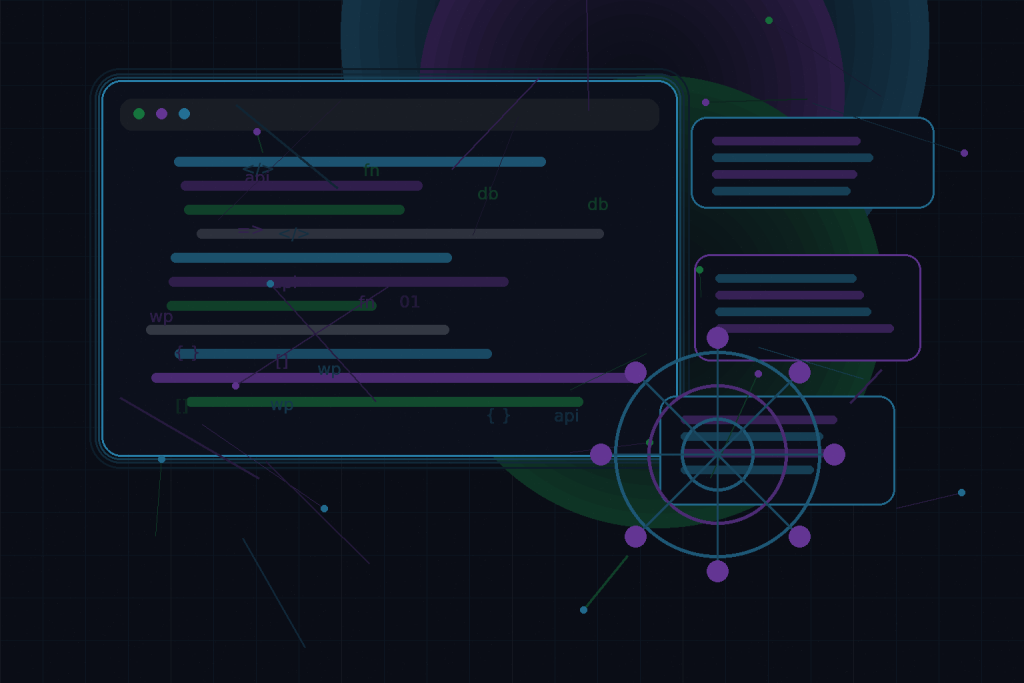 Dark technical editorial illustration for REST API integrations for WordPress, Laravel, and external services