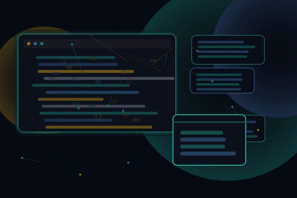 Dark technical editorial illustration for Headless WordPress with React or Next.js
