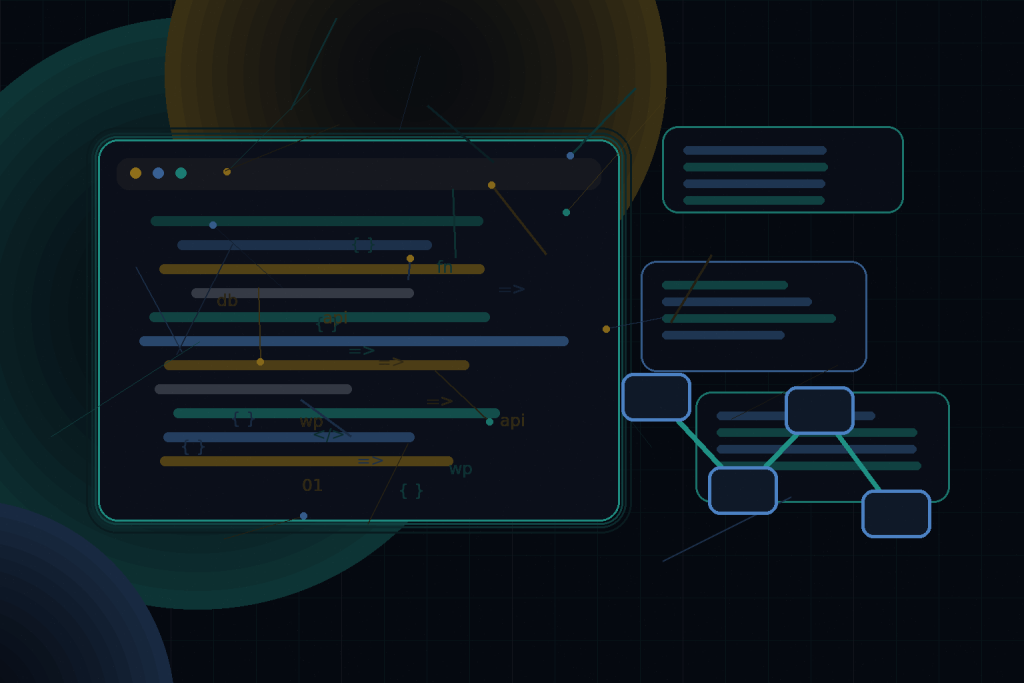 Dark technical editorial illustration for How DevOps improves WordPress reliability and deployment speed