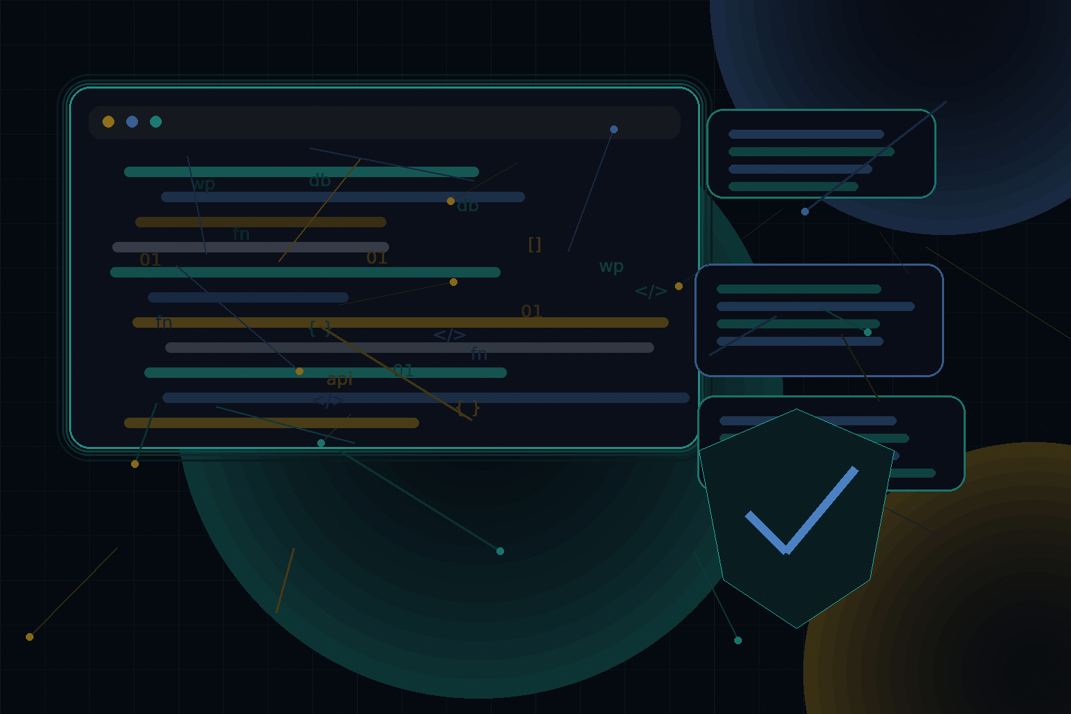 Technical editorial illustration for WordPress security hardening for custom themes and plugins