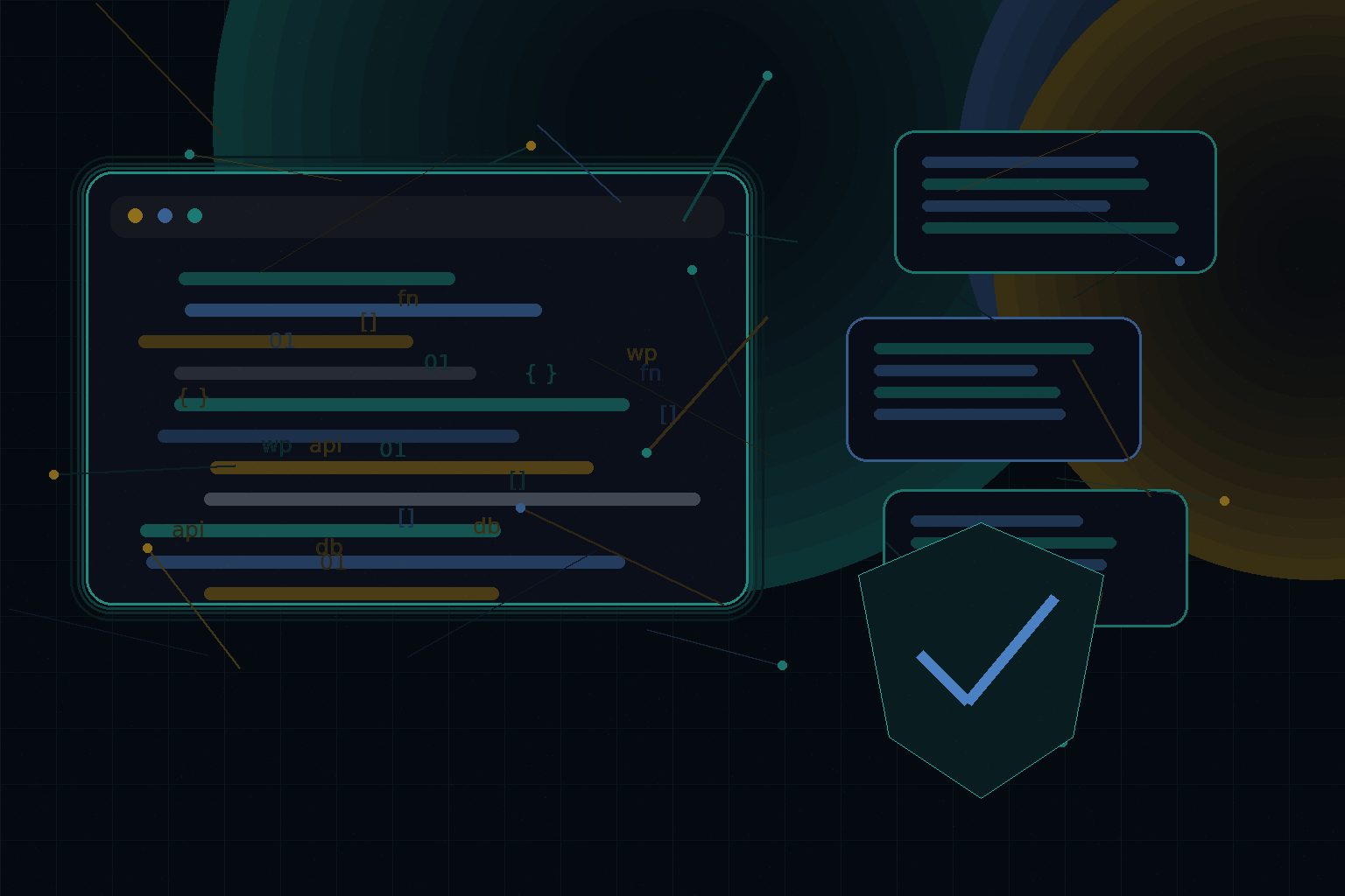 Technical editorial illustration for WordPress security hardening for custom themes and plugins