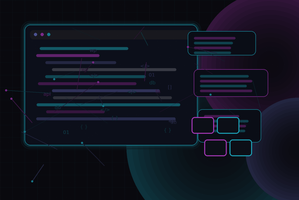 Dark technical editorial illustration for Kinsta, DigitalOcean, AWS, and cloud hosting choices for WordPress projects