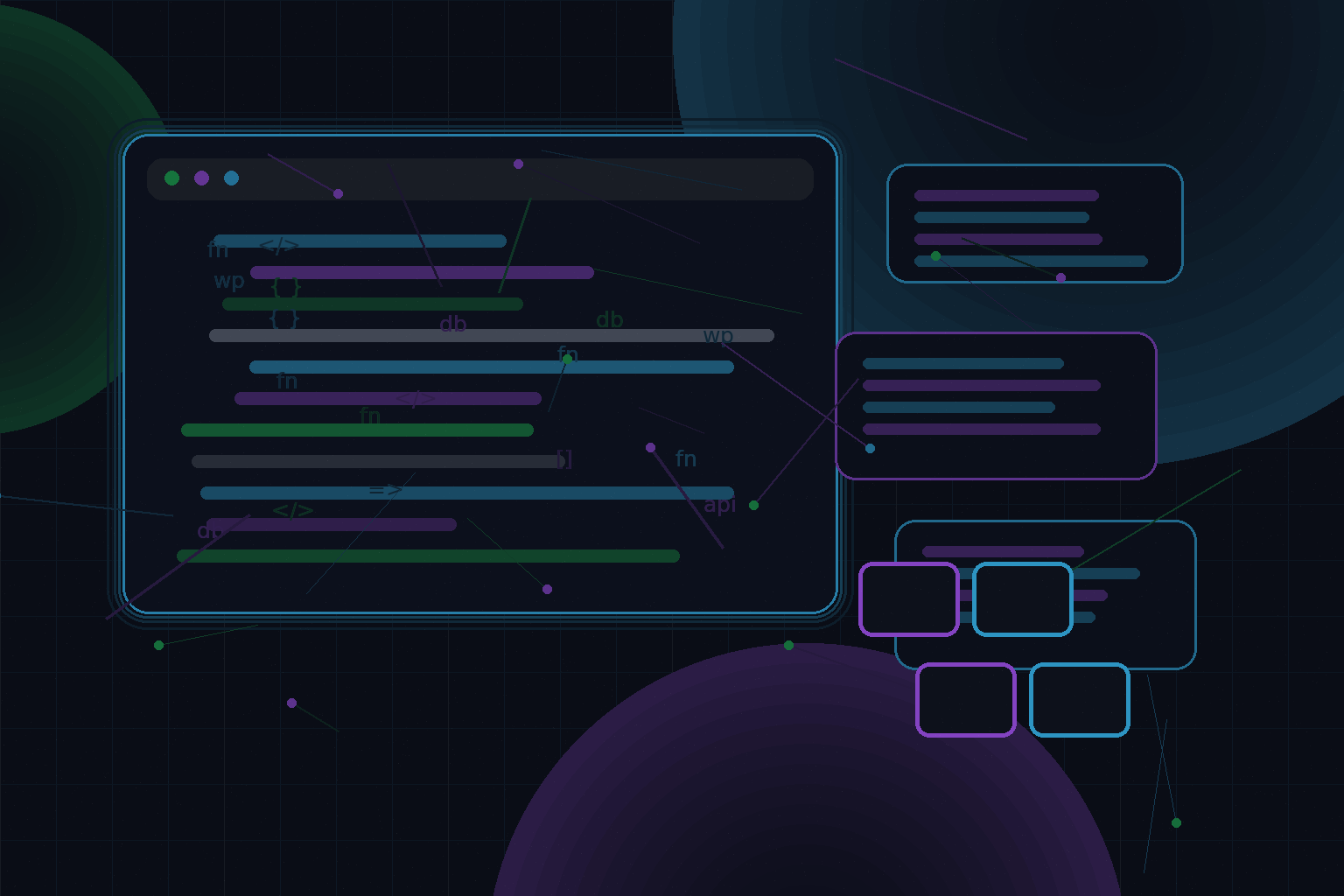 Technical editorial illustration for Docker-based local development workflow for WordPress developers