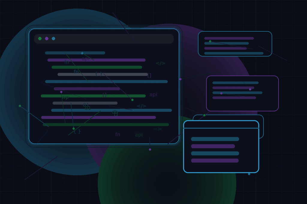 Dark technical editorial illustration for WordPress and React: choosing between classic themes and headless architecture