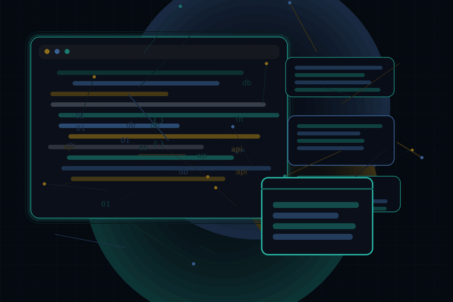 Technical editorial illustration for WordPress and React: choosing between classic themes and headless architecture