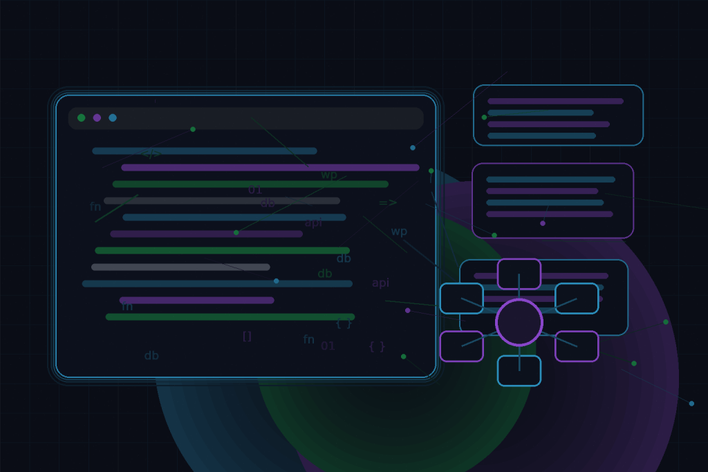 Dark technical editorial illustration for Common WordPress issues and how to fix them