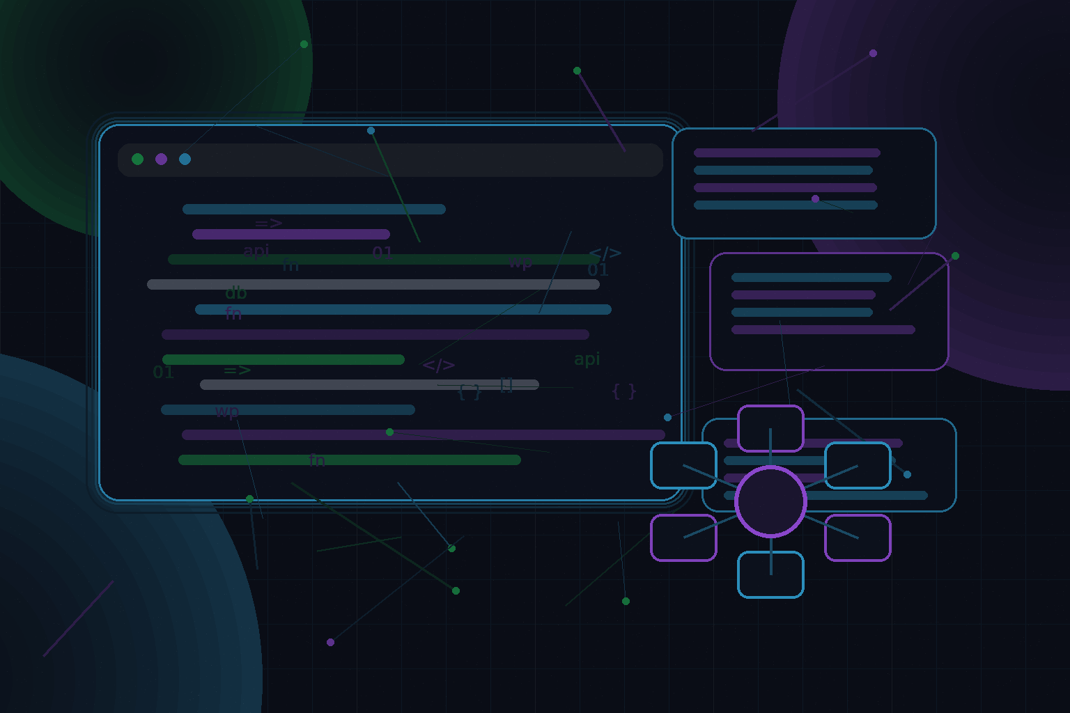 Technical editorial illustration for Multisite WordPress architecture for managing multiple client or regional websites