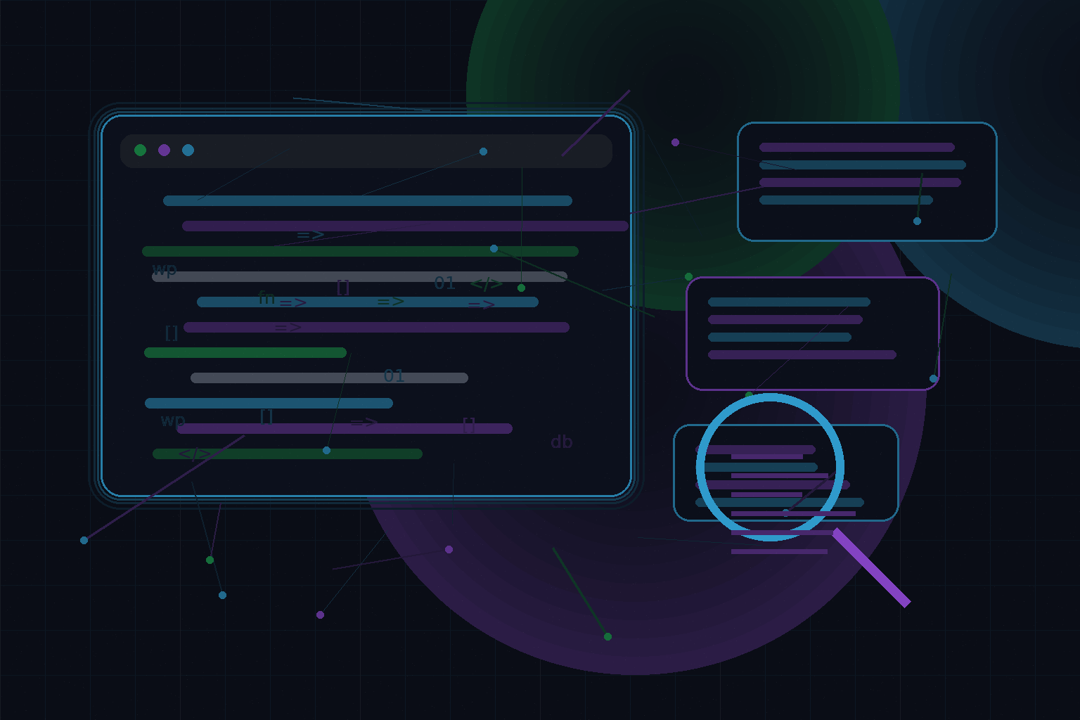 Technical editorial illustration for Search architecture for WordPress: native search, Elasticsearch, Meilisearch, and relevance tuning