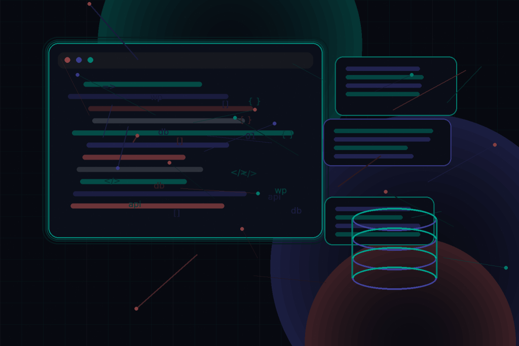 Dark technical editorial illustration for Zero-downtime WordPress deployments with rollback, staging, and database safety