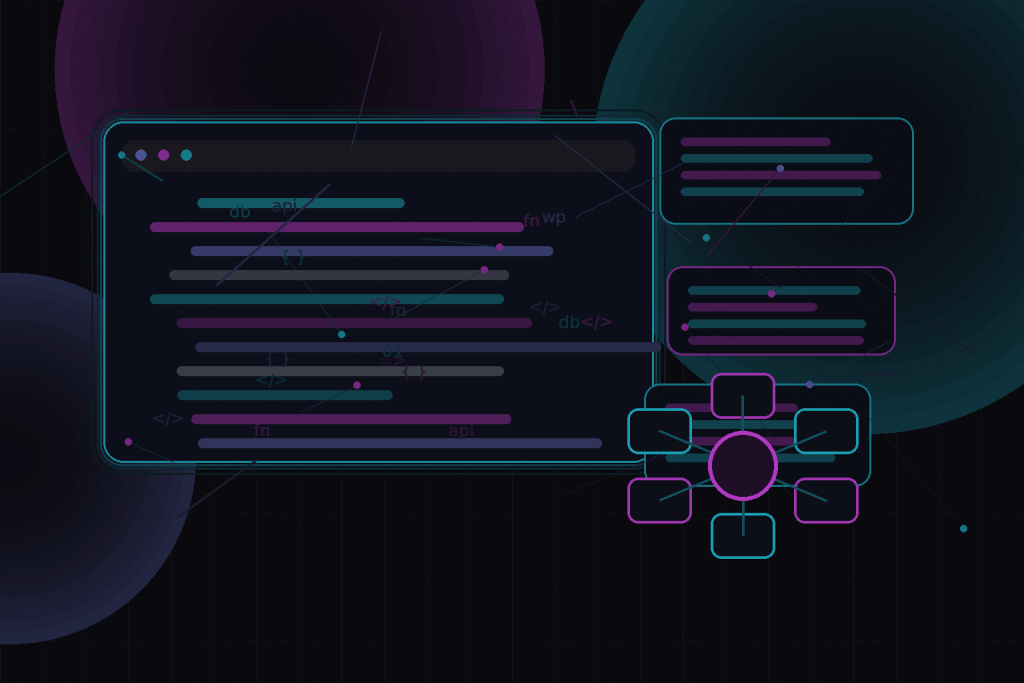 Dark technical editorial illustration for WordPress plugin architecture: separating business logic from presentation