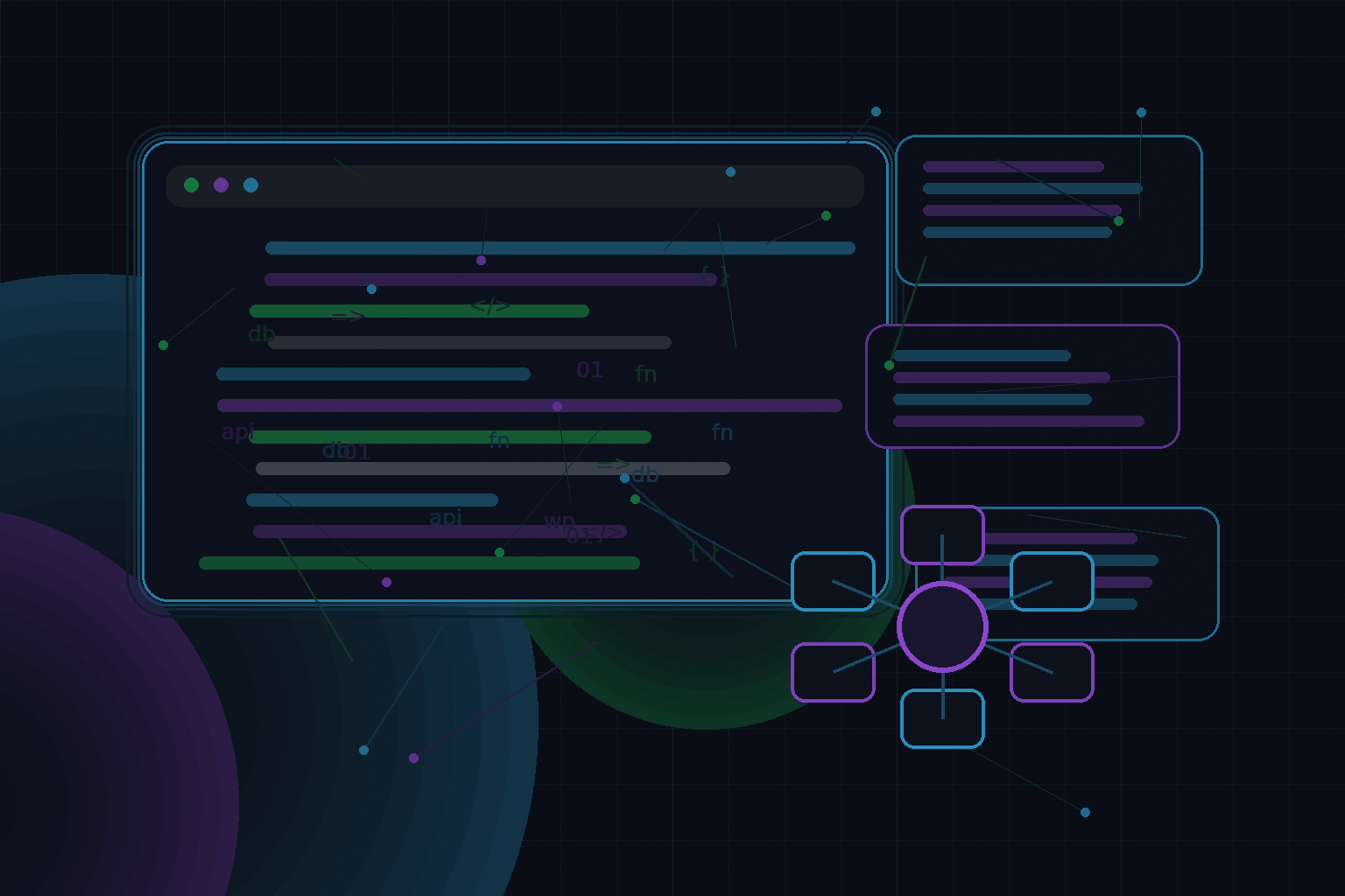Technical editorial illustration for WordPress plugin architecture: separating business logic from presentation