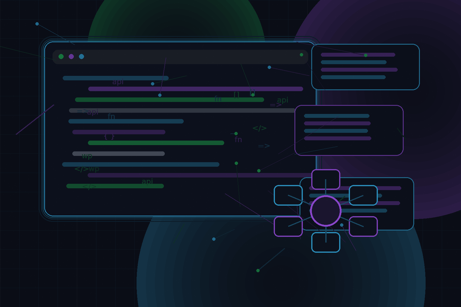 Technical editorial illustration for WordPress plugin architecture: separating business logic from presentation