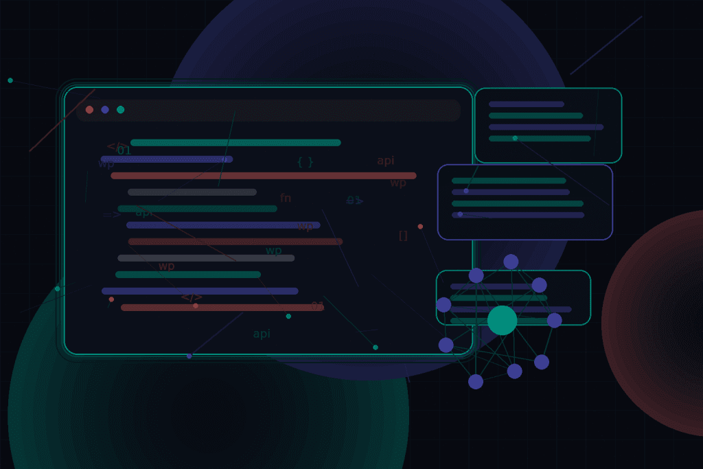 Dark technical editorial illustration for WordPress and email deliverability: SMTP, transactional mail, and debugging