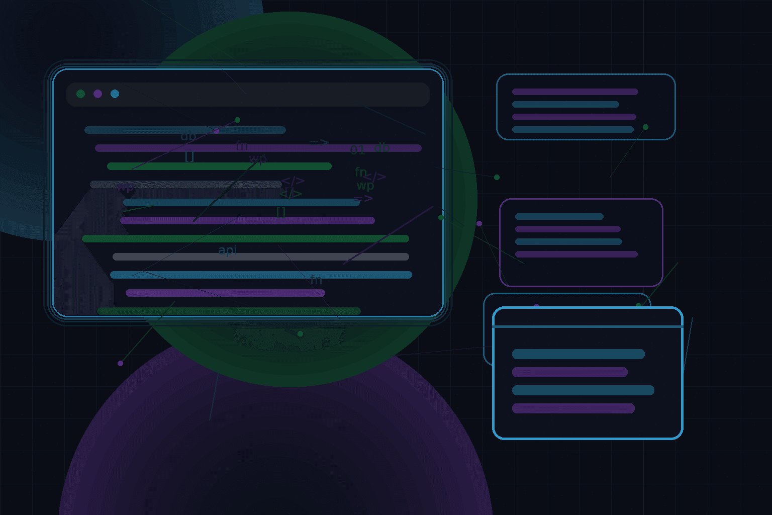 Technical editorial illustration for Building reusable WordPress theme blocks without overengineering