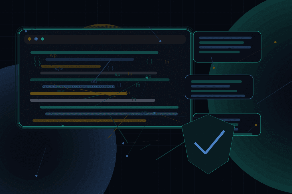 Dark technical editorial illustration for WordPress authentication flows: cookies, nonces, REST API, and application passwords