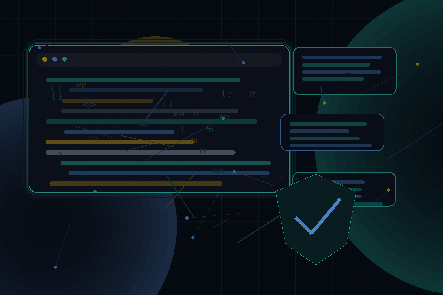 Technical editorial illustration for WordPress authentication flows: cookies, nonces, REST API, and application passwords