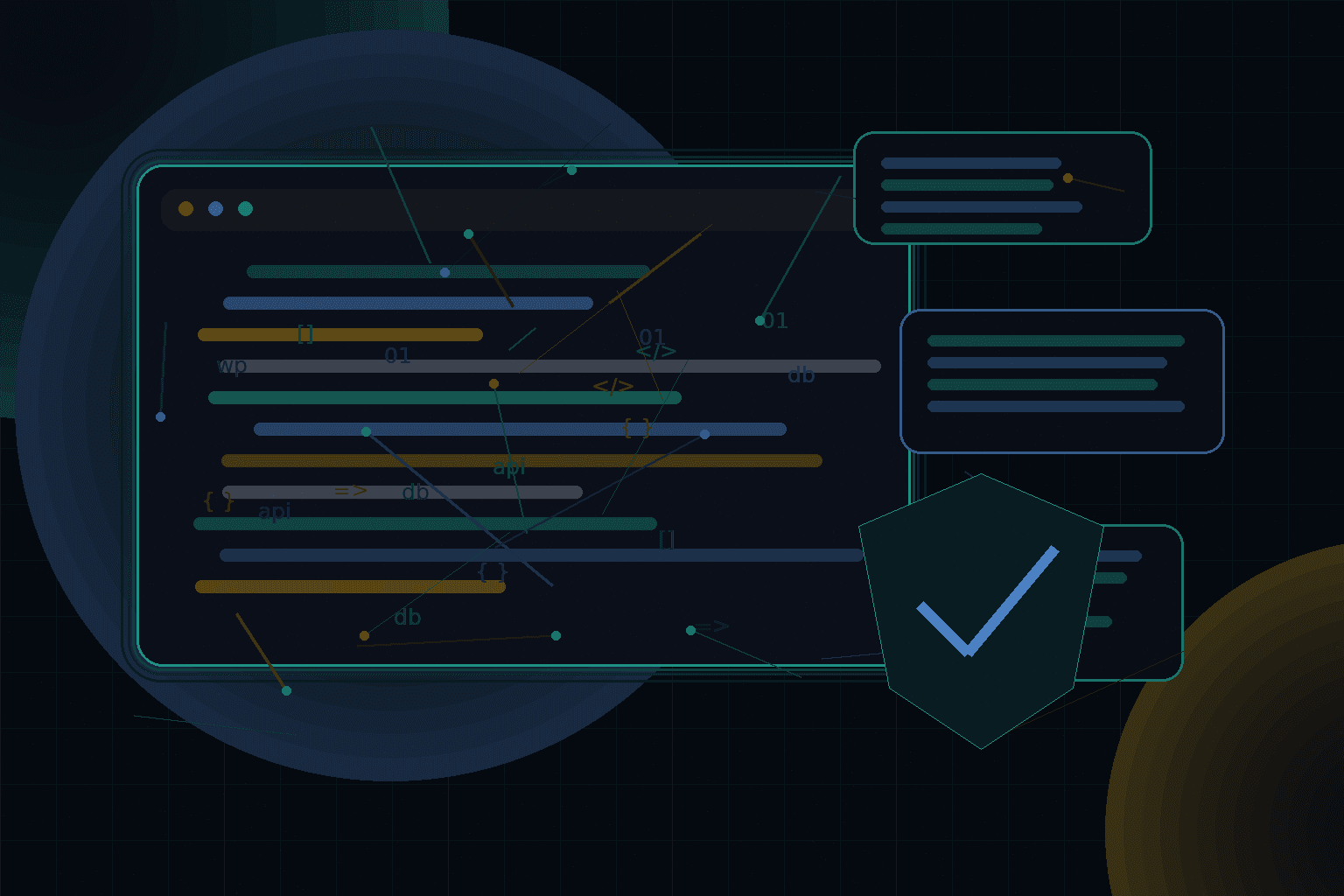 Technical editorial illustration for WordPress authentication flows: cookies, nonces, REST API, and application passwords