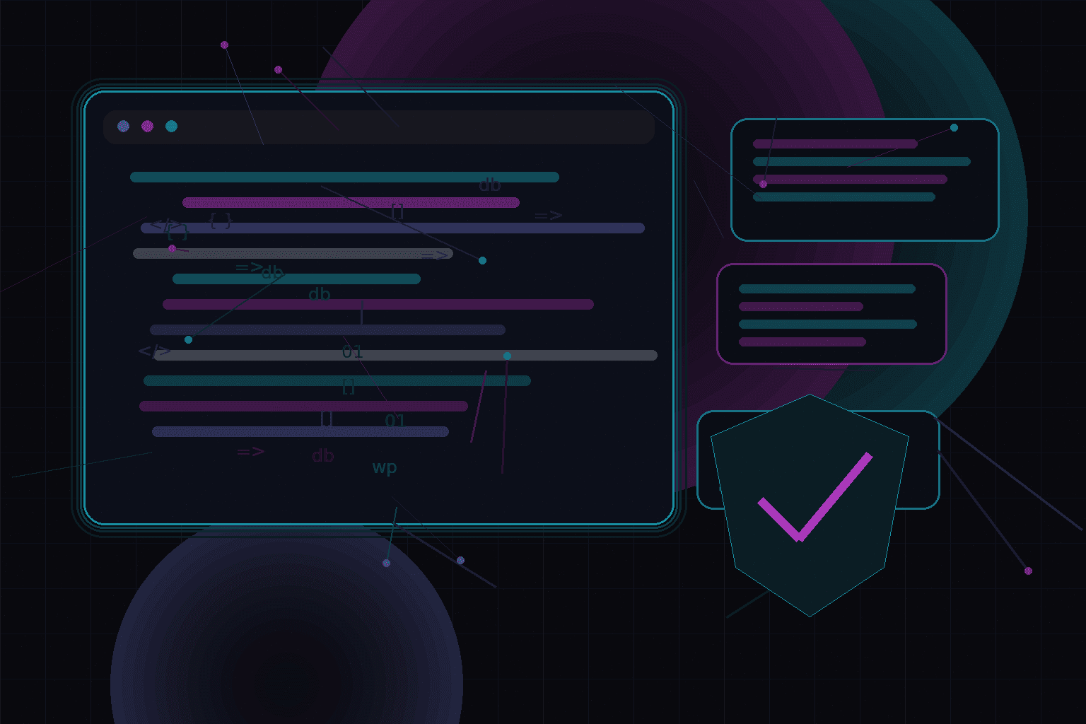Technical editorial illustration for WordPress authentication flows: cookies, nonces, REST API, and application passwords
