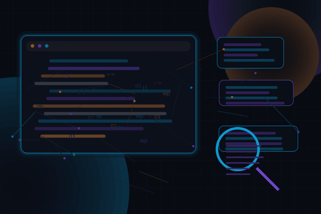 Dark technical editorial illustration for Building SEO-friendly landing pages in WordPress without page-builder bloat
