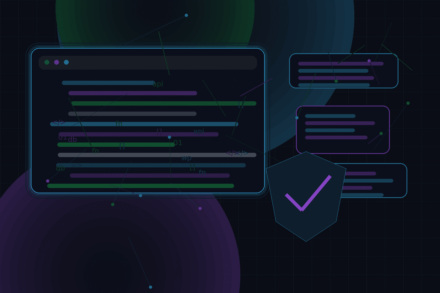 Technical editorial illustration for WordPress security after launch: monitoring, updates, backups, and response plans