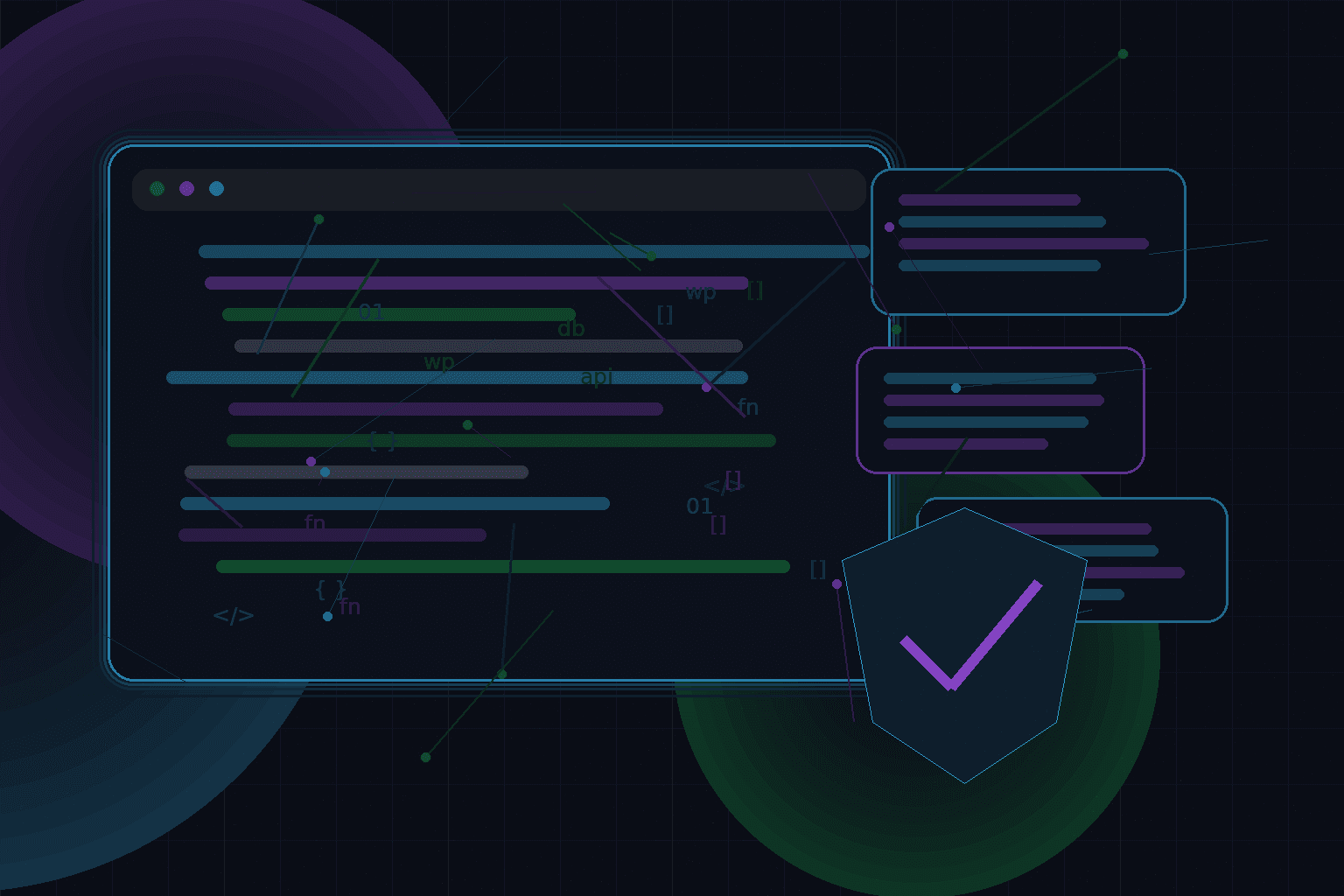 Technical editorial illustration for WordPress security after launch: monitoring, updates, backups, and response plans