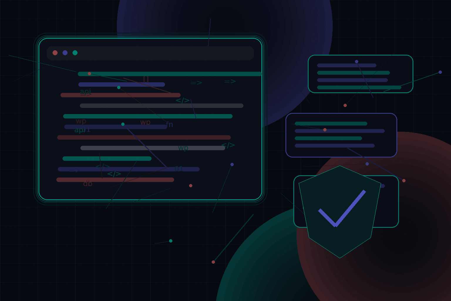 Technical editorial illustration for WordPress security after launch: monitoring, updates, backups, and response plans