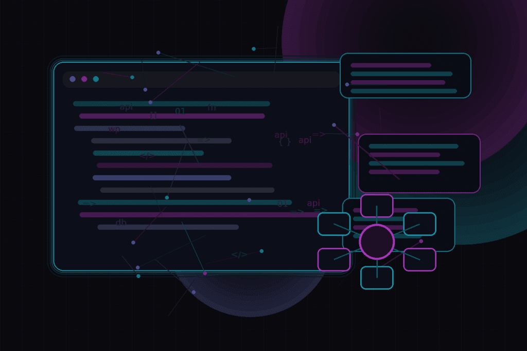 Dark technical editorial illustration for Using Composer in professional WordPress development