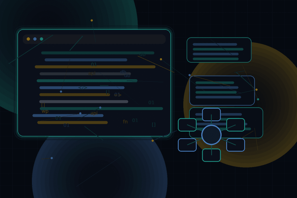 Dark technical editorial illustration for Modeling complex content relationships in WordPress