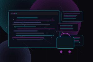 Dark technical editorial illustration for Synchronizing WooCommerce inventory with external systems