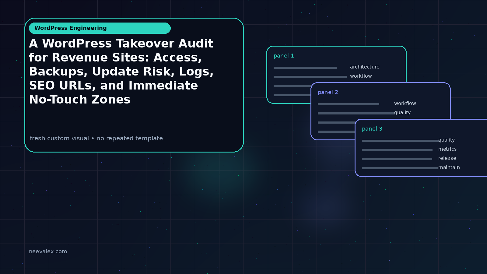 Visual example for A WordPress Takeover Audit for Revenue Sites: Access, Backups, Update Risk, Logs, SEO URLs, and Immediate No-Touch Zones