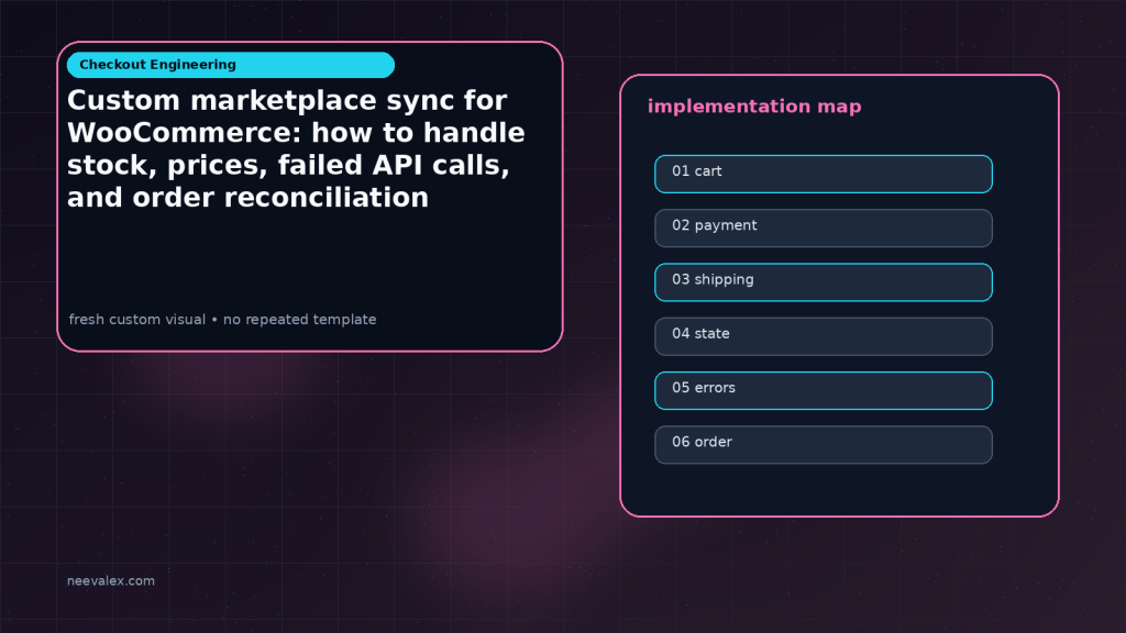 Generated visual related to Custom marketplace sync for WooCommerce: how to handle stock, prices, failed API calls, and order reconciliation