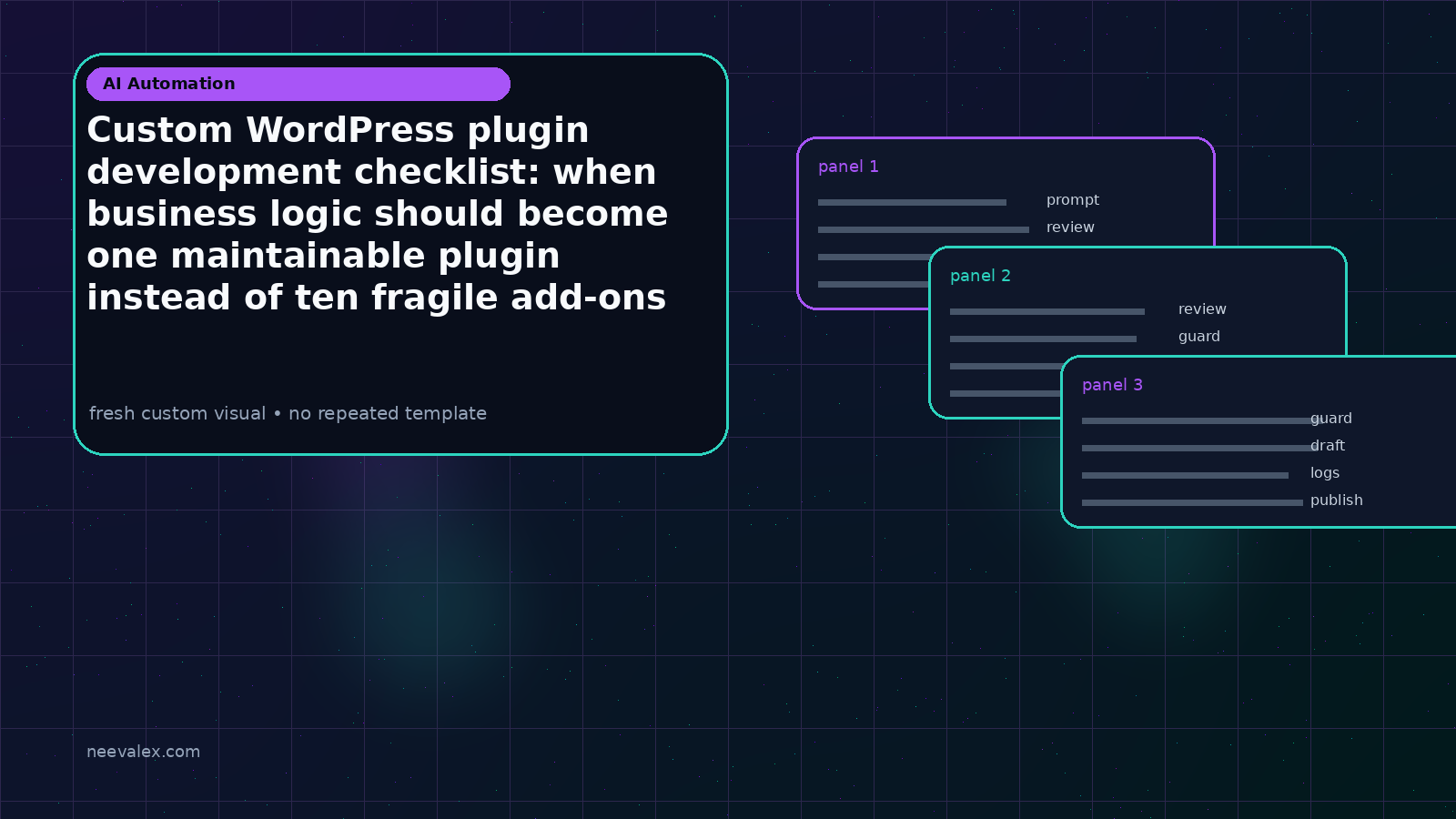 Visual example for Custom WordPress plugin development checklist: when business logic should become one maintainable plugin instead of ten fragile add-ons