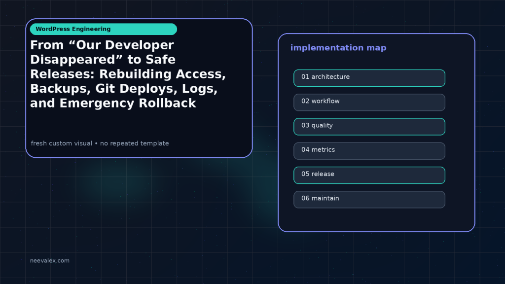 Generated visual related to From “Our Developer Disappeared” to Safe Releases: Rebuilding Access, Backups, Git Deploys, Logs, and Emergency Rollback