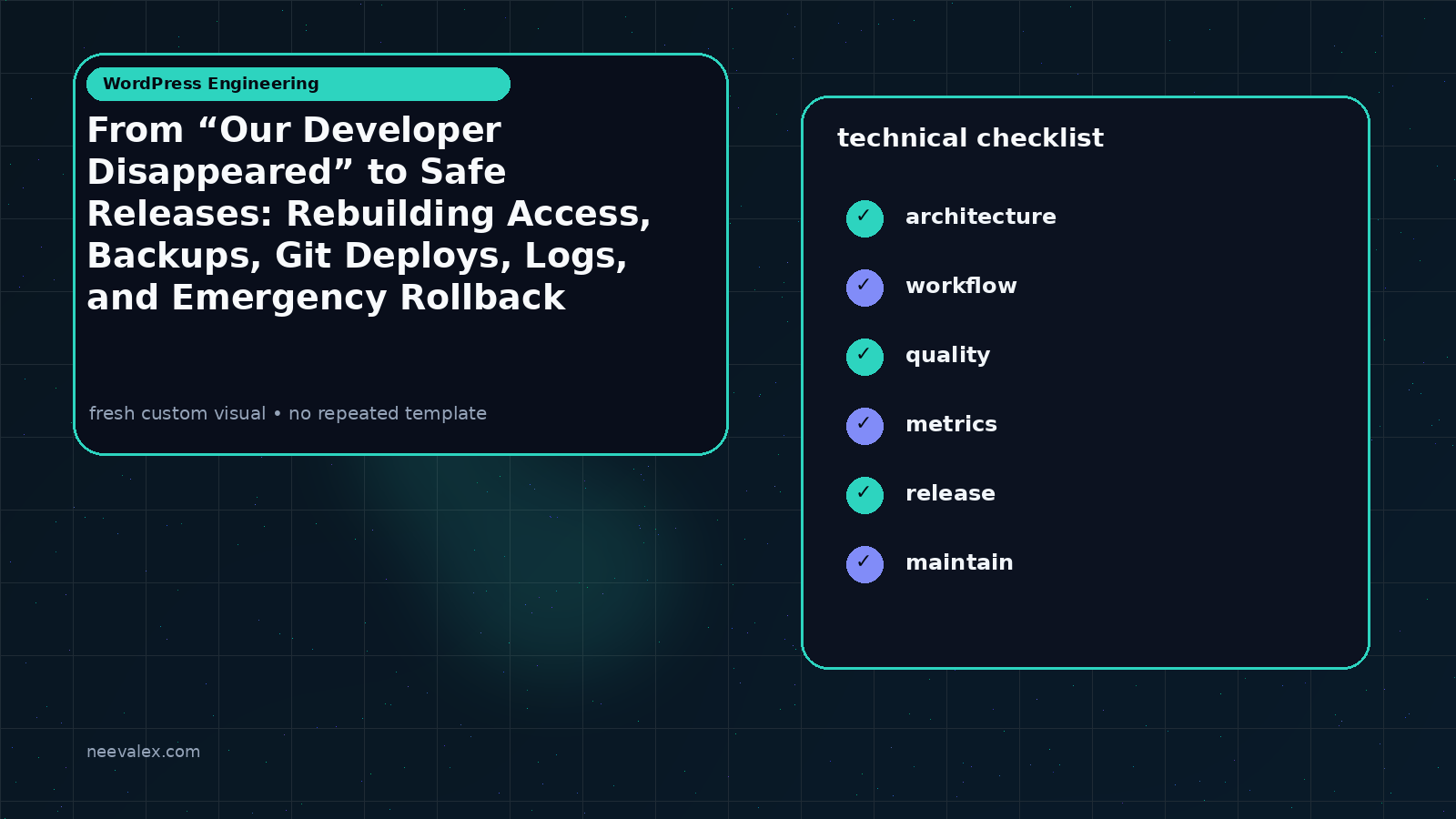 Visual example for From “Our Developer Disappeared” to Safe Releases: Rebuilding Access, Backups, Git Deploys, Logs, and Emergency Rollback